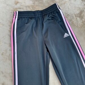 Adidas Track Pants Girls Size M 10/12 Black Pink White Stripes Excellent